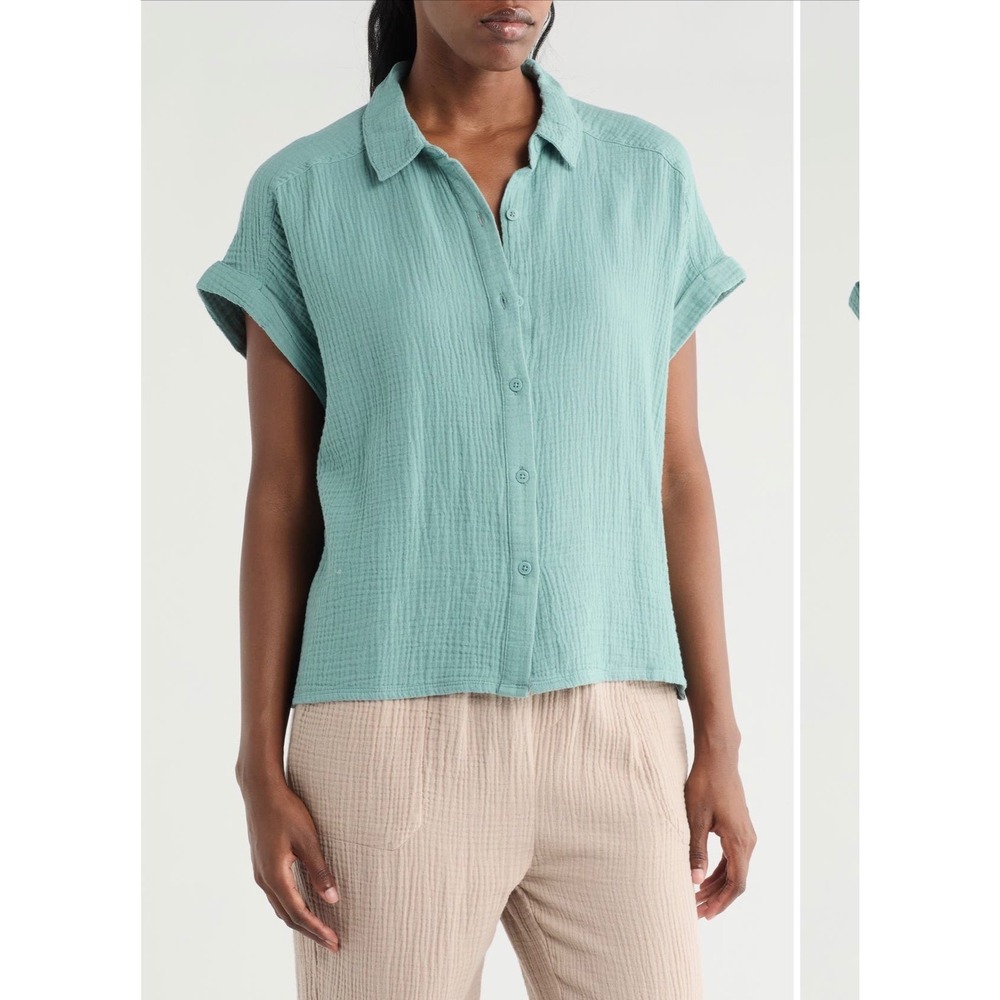 Splendid Womens Cotton Gauze Short Sleeve Boxy Button Down Shirt Medium Teal